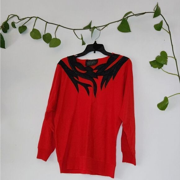 Red & Black 80s 90s Vintage Sweater Knit Longsleeve Applique - Picture 1 of 5